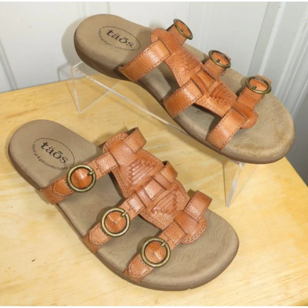 Taos Good Times Slide Sandals Womens Chesnut Brown Leather Triple Strap Size 8